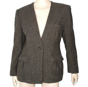 Equestrian Look Blazer Herringbone Pattern Collarless Wool Blend Lined Size 8